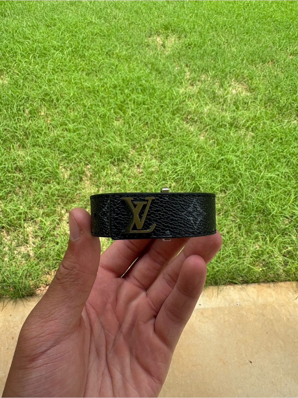 Louis Vuitton Black Leather Bracelet with Silver LV Plaque